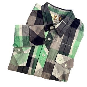 OP Men’s Plaid Button-Down Shirt - Mint Green/Gray/Black